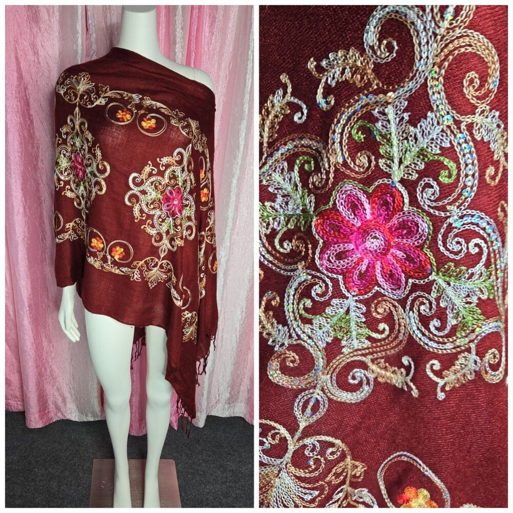 Y2K Paisley Sequin Boho Embroidered Festival Poncho Wrap Top One Size